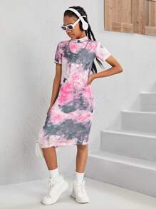 SHEIN 少女休閒編織水染短袖連衣裙,立領,適合度假 - 西瓜粉 - 查看 3