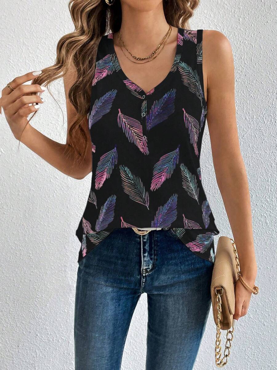 SHEIN LUNE 夏季休閒葉子印花鈕扣半開口坦克頂 - 彩色 - 查看 1