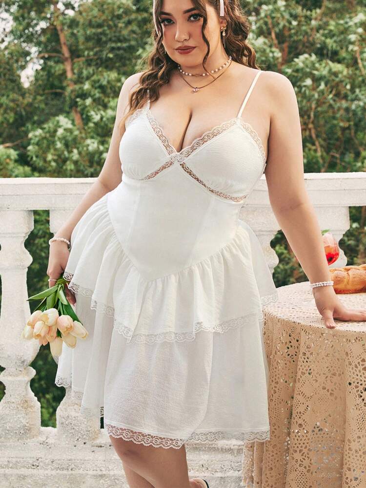 Plus-Size Women's White Romantic Princess A-Line Lace Dress