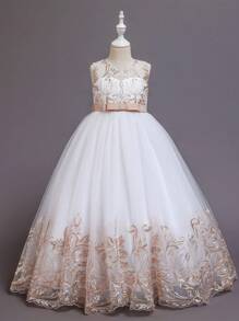 SHEIN Glamorique Kids 適合青少女穿著，華麗刺繡花卉蓬蓬軟紗公主裙，適用於假期、表演、婚禮、派對、生日、全年四季 - 香檳色 - 查看 3