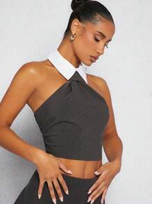 Hauture 细条纹撞色领口露背短款上衣