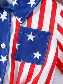 SHEIN 少女返校季休閒度假美國國旗印花短袖扭結前立領襯衫，夏季 - 藍色 - 查看 5