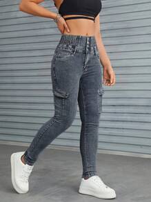 Pantalon Vintage Skinny Stretch pour femmes avec taille haute et multi-poches pour vêtements de travail - Gris - Voir 1
