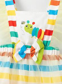 Baby Girl's Striped Cartoon Caterpillar Printed Bodysuit With Mesh Ruffle Trimmed Straps, Spring/Summer - Multicolor - View 7