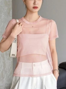 DAZY 女式夏季圆领网眼短袖透明上衣，返校服装 - 粉色 - 查看 10