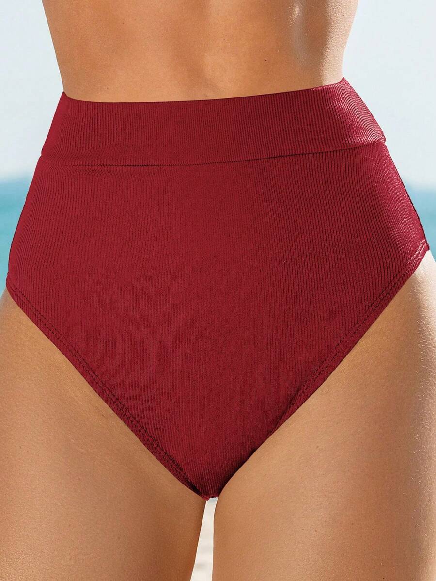 SHEIN Swim Calcinha De Biquíni Cintura Alta De Cor Sólida - Vermelho - Visão 1
