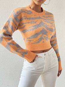 SHEIN LUNE Tiger Pattern Cropped Sweater, Knit Pullover Fall Winter - Multicolor - View 4