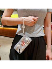 情人节 Y2k 手机饰品加厚防摔新款时尚手工滴胶爱心镜面水钻仿珍珠蝴蝶金属花手机壳女款带仿珍珠和蝴蝶结挂绳防水防震防刮