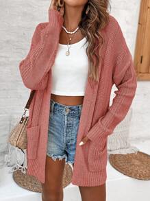 SHEIN LUNE Áo len cardigan dệt kim màu trơn có túi cho nữ, áo dài tay - Hồng - Xem 1
