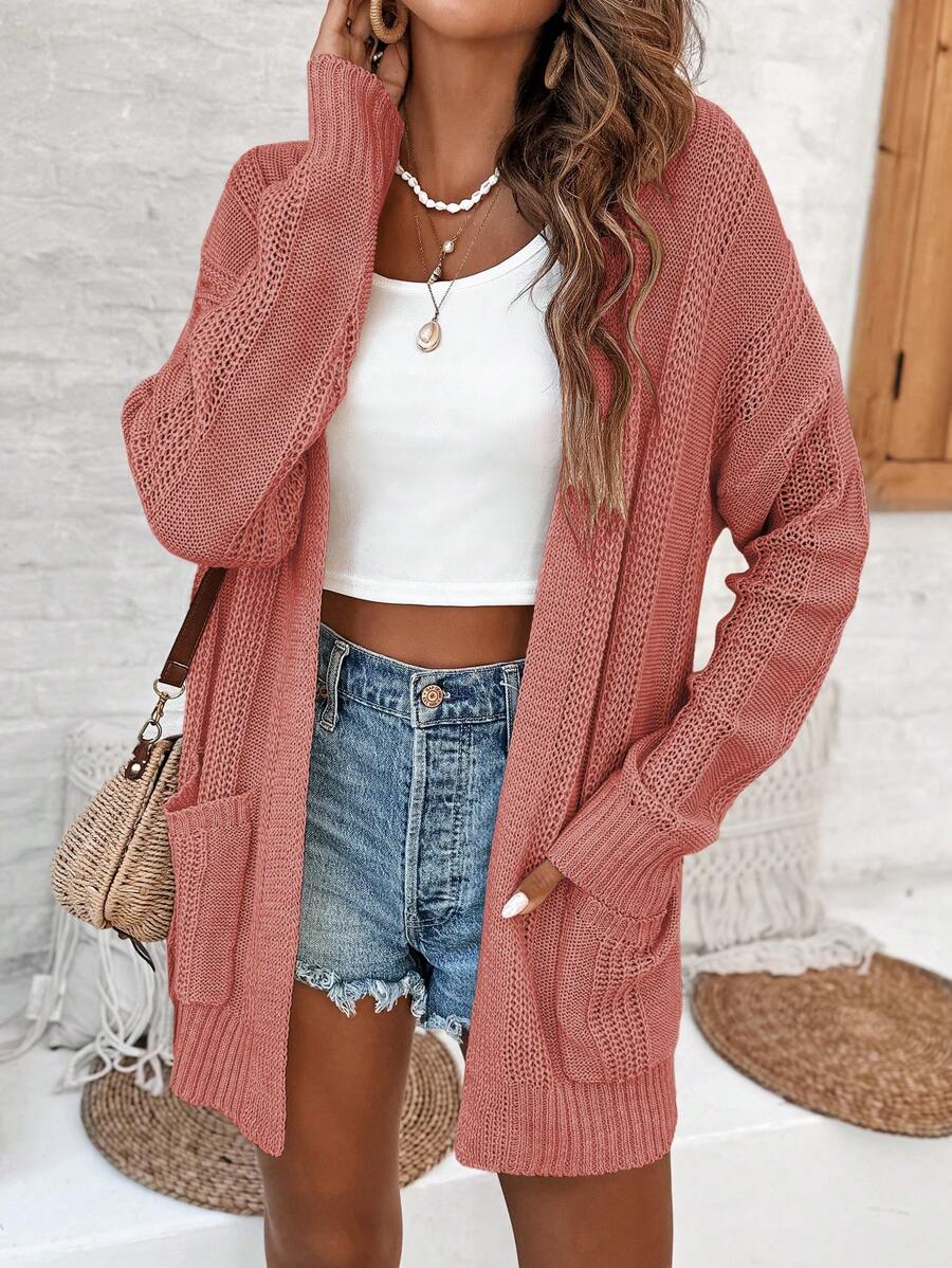 SHEIN LUNE Áo len cardigan dệt kim màu trơn có túi cho nữ, áo dài tay - Hồng - Xem 1