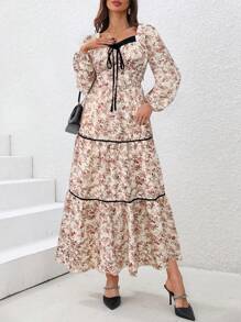 SHEIN Clasi Women's Fashionable Elegant Floral Print Long Sleeve Dress (Random Floral Pattern)