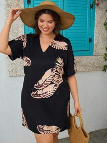 RueChic Plus Size Women's Summer Tropical Plant Printed Straight Dress For Vacation - Multicolor - View 4