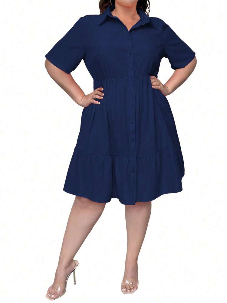 Plus Size Women's Summer Solid Color Ruffle Hem Shirt Style Short Sleeve Dress
