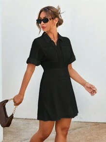 SHEIN Essnce 女性夏季休閒度假白色蝙蝠袖亞麻連衣裙 - 黑色 - 查看 5