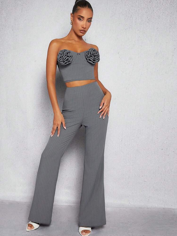3D Rose Top & Pants Pinstripe Two Pieces Set
