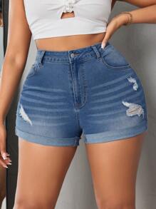 SHEIN SXY Kích thước lớn Đau khổ Denim mùa giặt Quần short Denim , Thích hợp Cho mùa hè - Rửa nhẹ - Xem 4