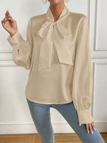 Chiquease 女士春夏裝優雅長袖綁領襯衫 - 杏色 - 查看 5