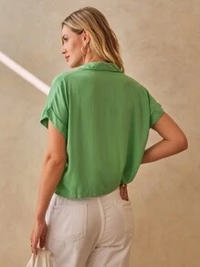 SHE(IN) BRASIL SHEIN Camisa social manga curta casual feminino - Verde - Visão 2