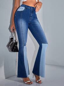 SHEIN BAE Women's Stretch High Waist Patchwork Denim Flared Pants&Summer Clothes&Festival Outfits - Blue - View 4