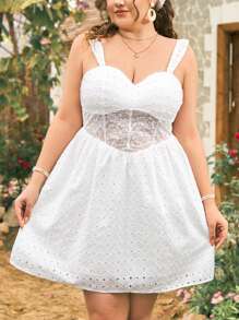 Dreamara White Embroidered Texture Fabric, Waistband Lace, Romantic Vacation, Plus Size Women's Summer Princess Style A-Line Dress With Flutter Sleeves Corset Dress Party Women Dresses Women Dresses Short Formal Dress Birthday Teens Dress White Midi Dress Pleated Dress Spring Dress Junior Dresses White Women Outfits Embroidered Country Concert Embroidered Lace Romantic Vacation Pleated Dress