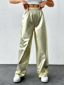 EURMUSE Women's Metallic Elastic Waist Straight Pants - Gold - View 4