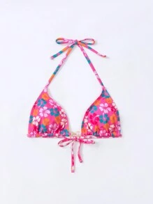 SHEIN Swim Summer Beach Floral Print Halter Bikini Top - Hot Pink - View 4