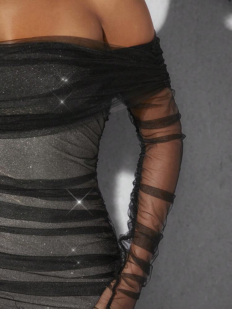 Glitter Off Shoulder Long Sleeves Ruched Dress
