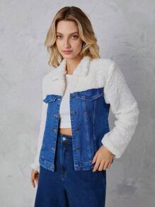 SHE(IN) BRASIL 拼接絨毛翻蓋細節牛仔夾克 - 深色水洗藍 - 查看 5