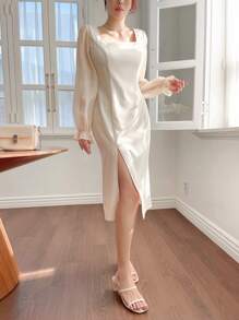 DAZY Váy cổ vuông xẻ tà cao tay bèo, váy dạ hội sinh nhật, váy mùa thu, váy dài tay thanh lịch cho nữ - Màu be - Xem 3