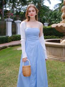 Women's Fashion Solid Color French Style Cami Dress - Blue - View 4