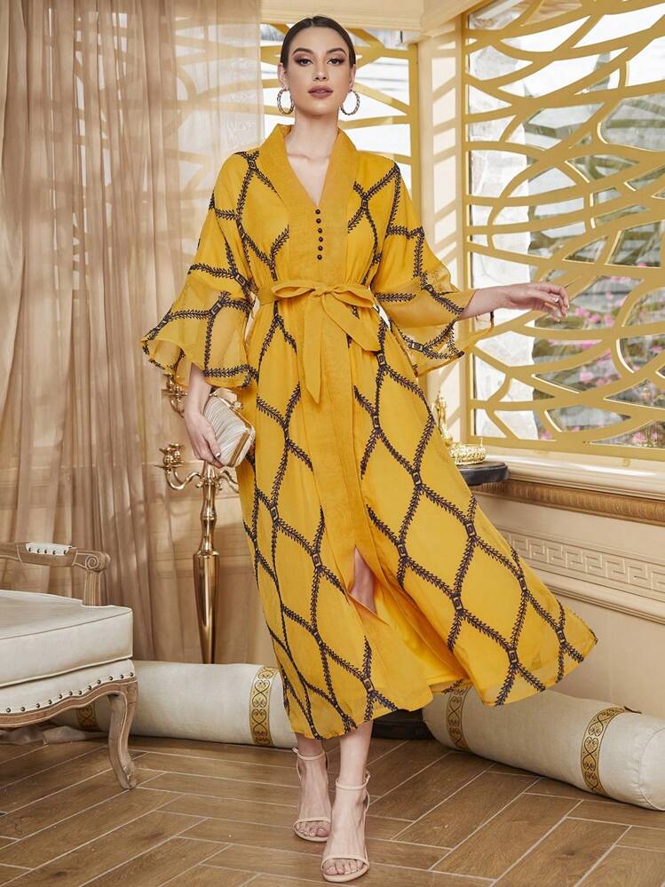 Al Najma 女性幾何圖案印花長款開夾克,配鈴袖-阿拉伯傳統服裝 - 黃色 - 查看 5