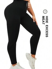 Easithlete 大碼素色寬腰帶運動打底褲 - 黑色 - 查看 4