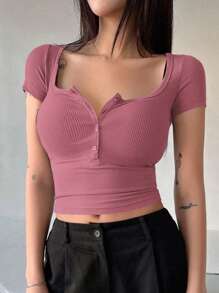 DAZY Women's Summer Solid Color Half Placket Slim Fit Cropped T-Shirt Cute Tops - Hot Pink - View 2