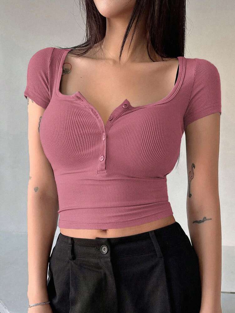 Women's Summer Solid Color Half Placket Slim Fit Cropped T-Shirt Cute Tops