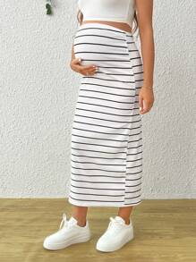 SHEIN Maternity Casual Striped High Waist Side Slit Skirt