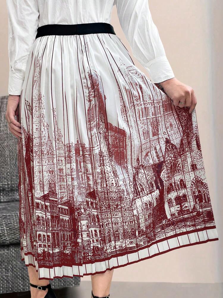 Plus Size Women's Architecture Printed Pleated Skirt Fall Cloth For Women