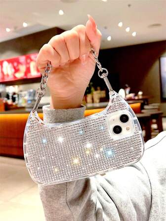 Apple Silver Y2k Rhinestone Decor Bag Design Phone Case Compatible With IPhone 11,IPhone 13,IPhone 14 Pro Max