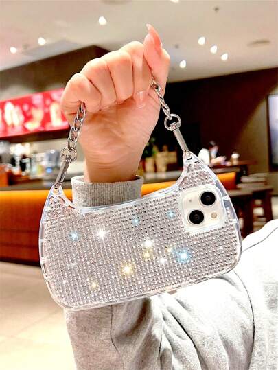 Silver Small Rhinestone Bag Phone Case For Phone 17 Pro Max, 17 Pro, 16, 16 Plus, 16 Pro Max, 16 Pro, 18 Pro Max, 15, 14, 13, 12, 11, 15 Plus, 13 Pro, 12 Pro Max, 17, 18