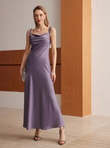 MOTF PREMIUM SATIN BOWKNOT SHOULDER STRAPS SLIP DRESS - Purple - View 5
