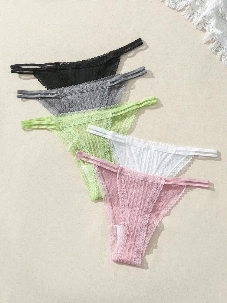 5pcs Women's Solid Color Lace Patchwork T-Back Panties