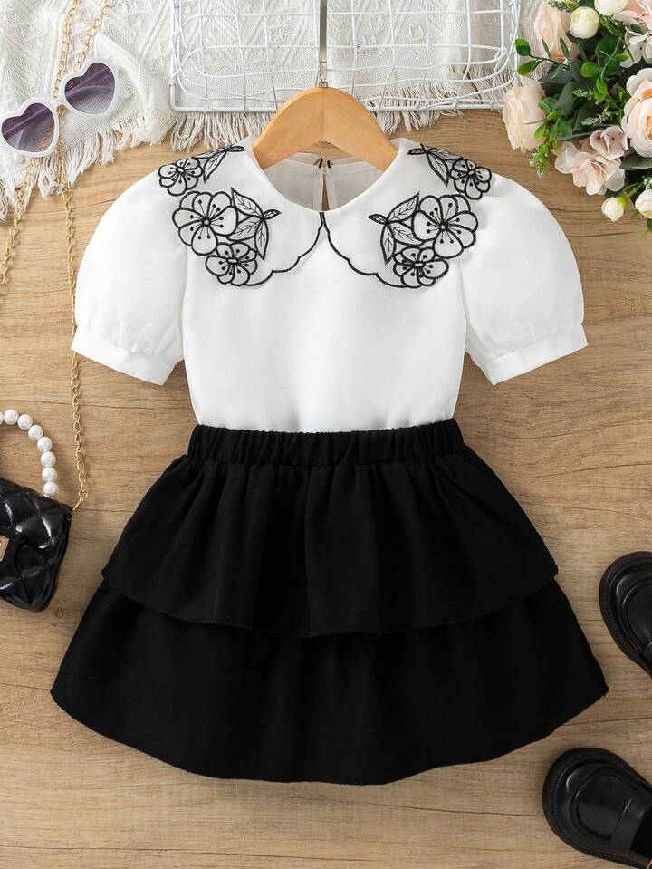 SHEIN 女の子 セットアップ マニキュア風花柄 刺繍 児童用 ショート 