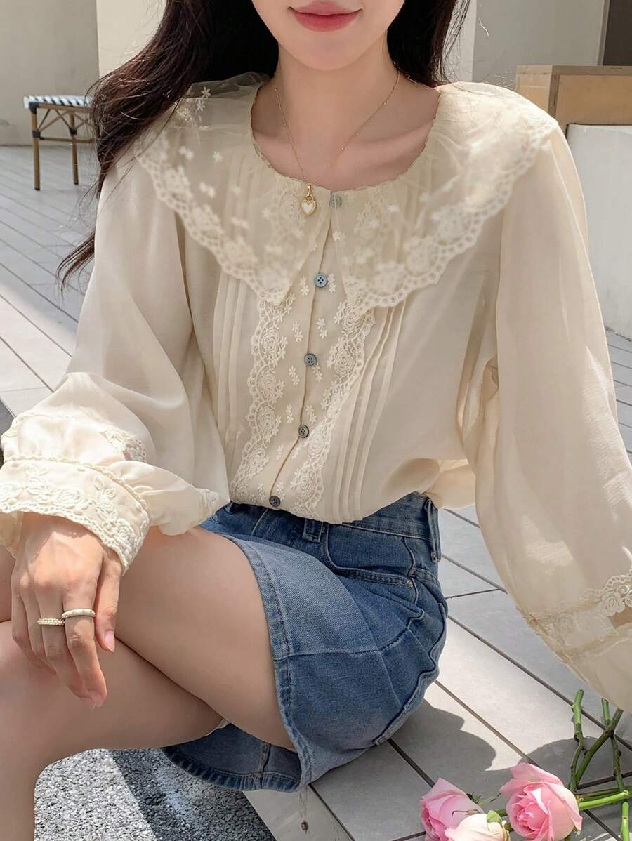 DAZY 撞色蕾丝个性领衬衫长袖上衣 - 杏色 - 查看 1