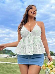 Flirla Cộng với kích thước áo yếm có in hình thêu dễ thương Ruffle Hem Criss-Cross - màu xanh lá - Xem 5