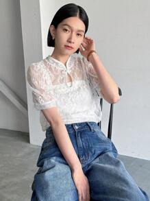 FRIFUL 女式纯色蕾丝短袖夏季透明衬衫 - 白色 - 查看 8