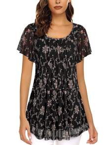 CheersLife 女式短袖束腰上衣花朵雙層休閒時尚衣服襯衫