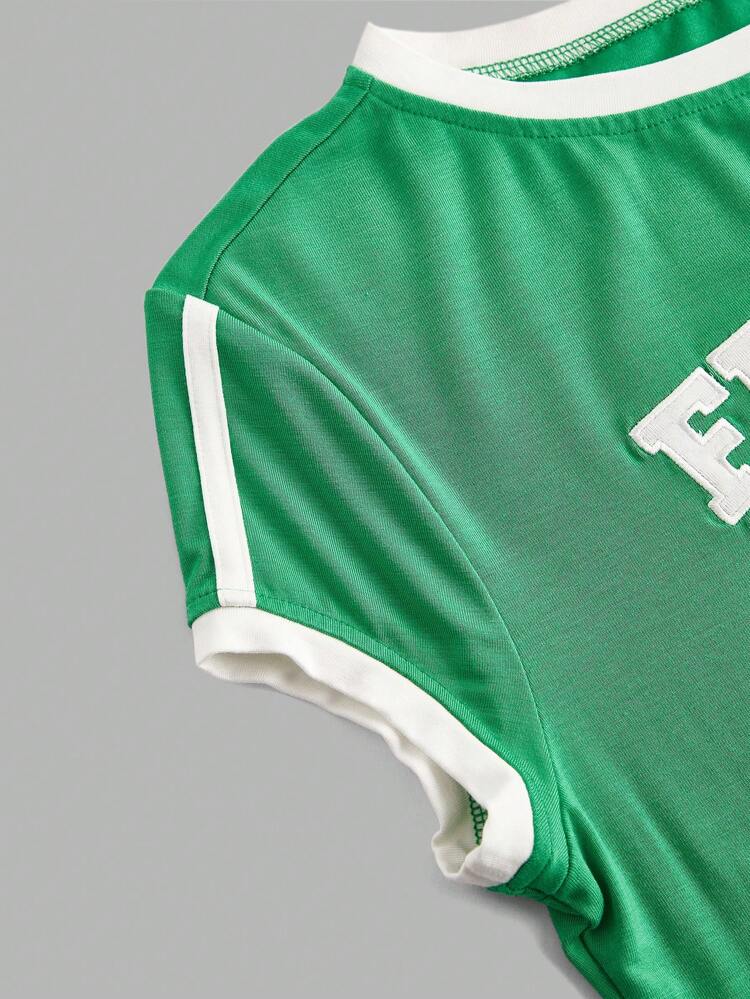 Women's Letter Print Color Block Rolled Edge Jersey T-Shirt