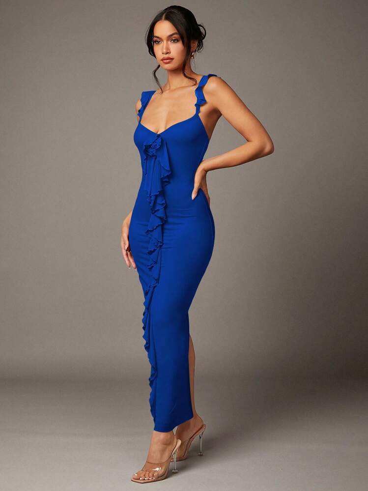 SHEIN BAE Valentine's Day Dress Red Mesh Ruffle Three-Dimensional Flower Decoration Women's Long Dress - Royal Blue - View 5