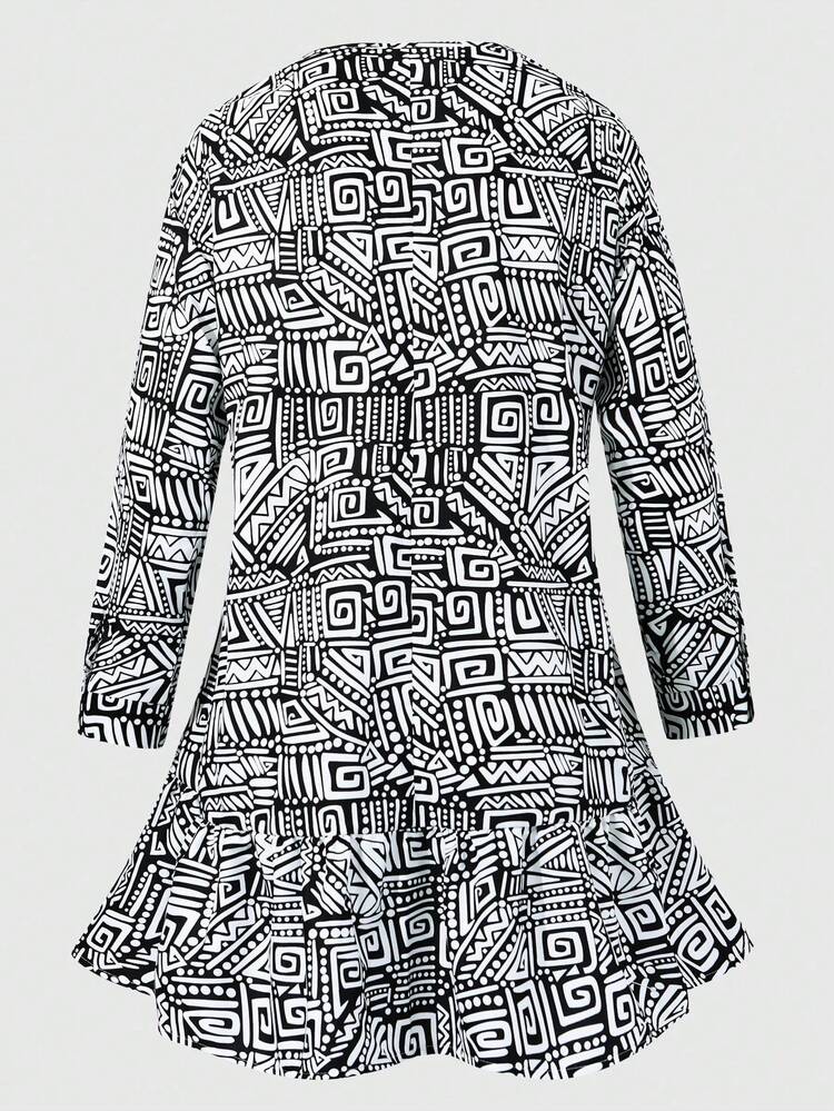 Plus Size Full Printed V-Neck Dress Fall Cloth For Women