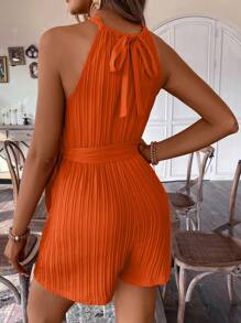 Breezaya 女士夏季純色腰帶連身褲 - 橘色 - 查看 2