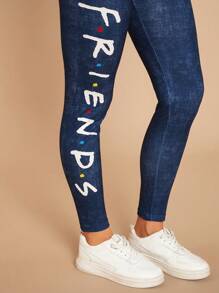 FRIENDS X SHEIN 休闲字母印花牛仔效果蓝色弹力高腰紧身裤 - 藍色 - 查看 7
